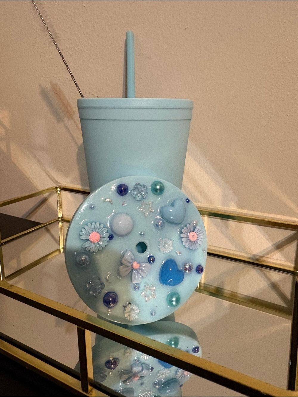 Handcrafted Light Blue Decorative Silicone Lid with Embellishments